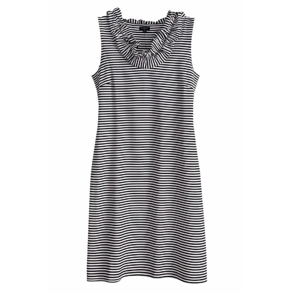 Talbots Black White Striped Ruffle Collar Shift Dress Size Small Petite